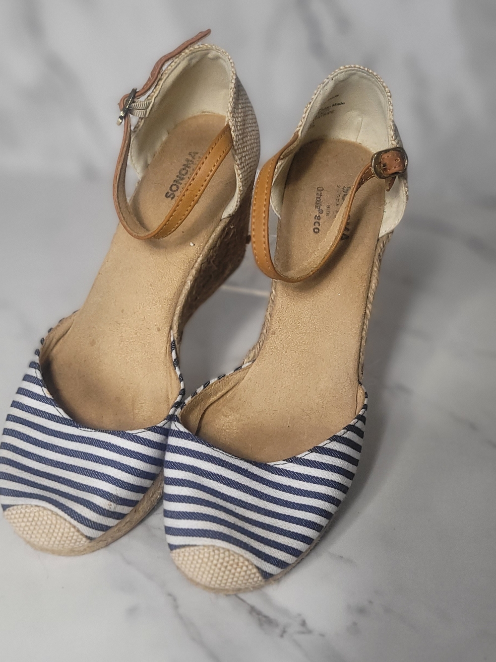 Sonoma Navy & White Striped Espadrille Wedge Sandals with Tan Ankle Strap